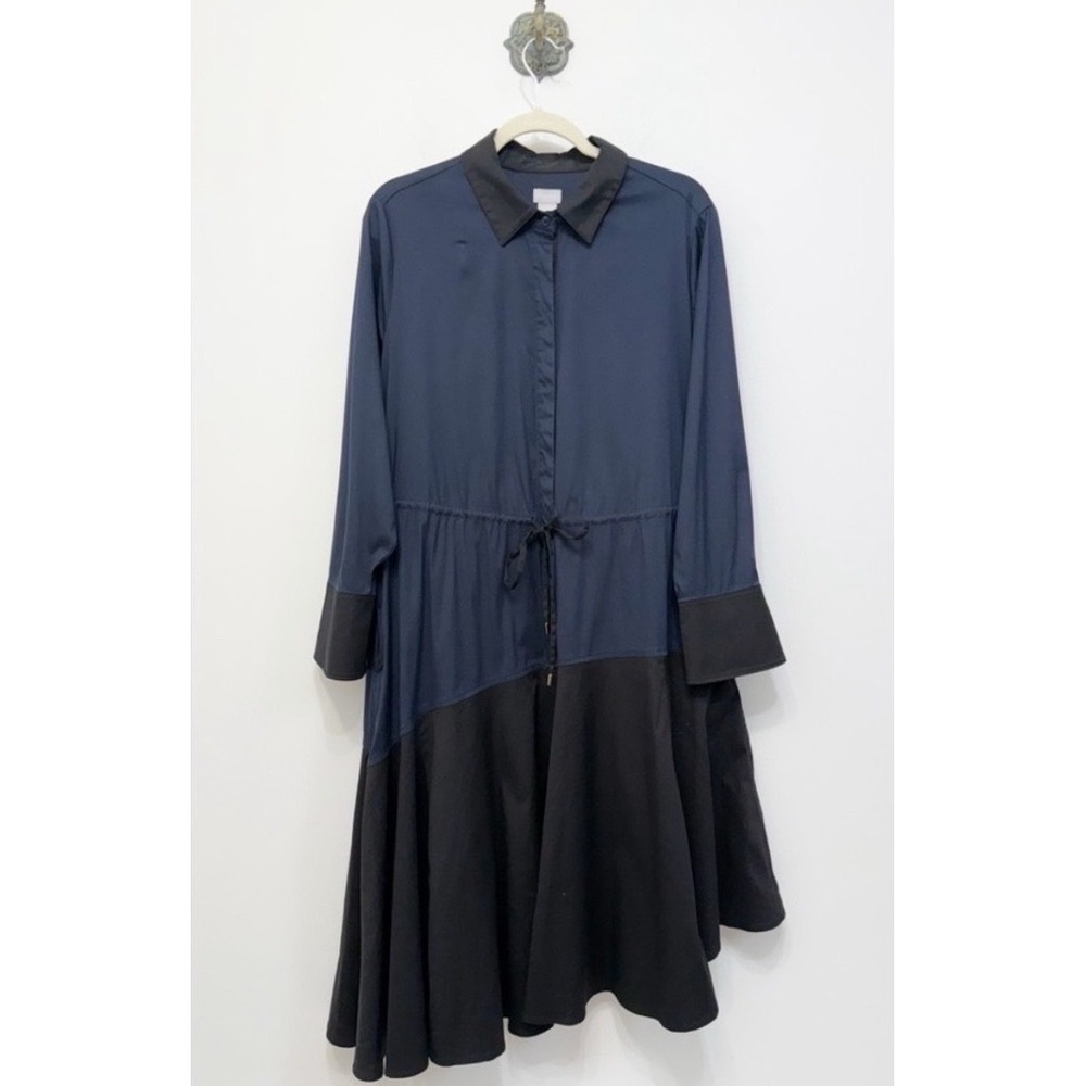 Chico's Size‎ 2.5 (14)Navy Blue Black Colorblock Shirt Dress Drawstring Waist